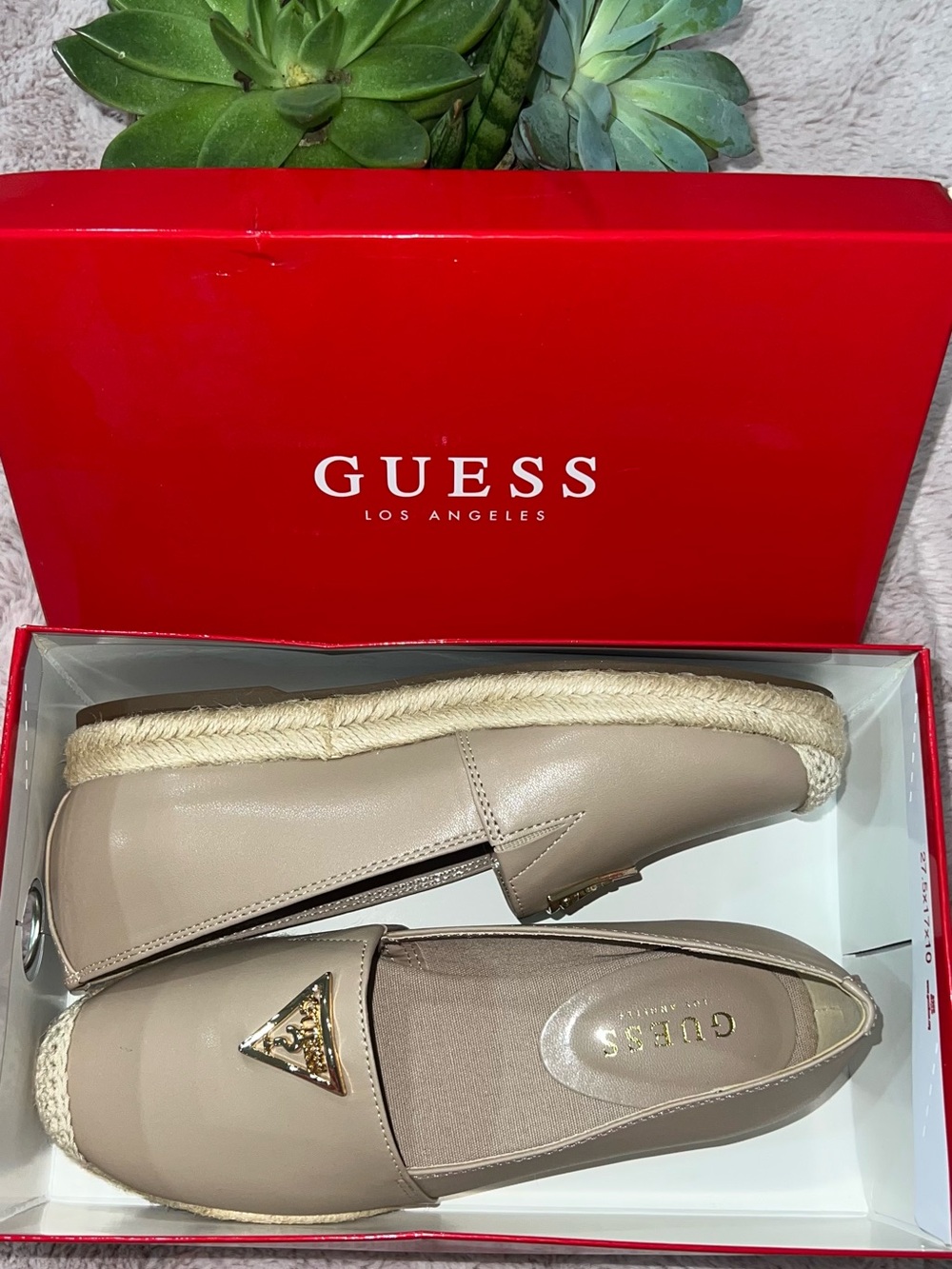 GUESS Beige Leather Espadrille Flats with Gold Logo - New in Box